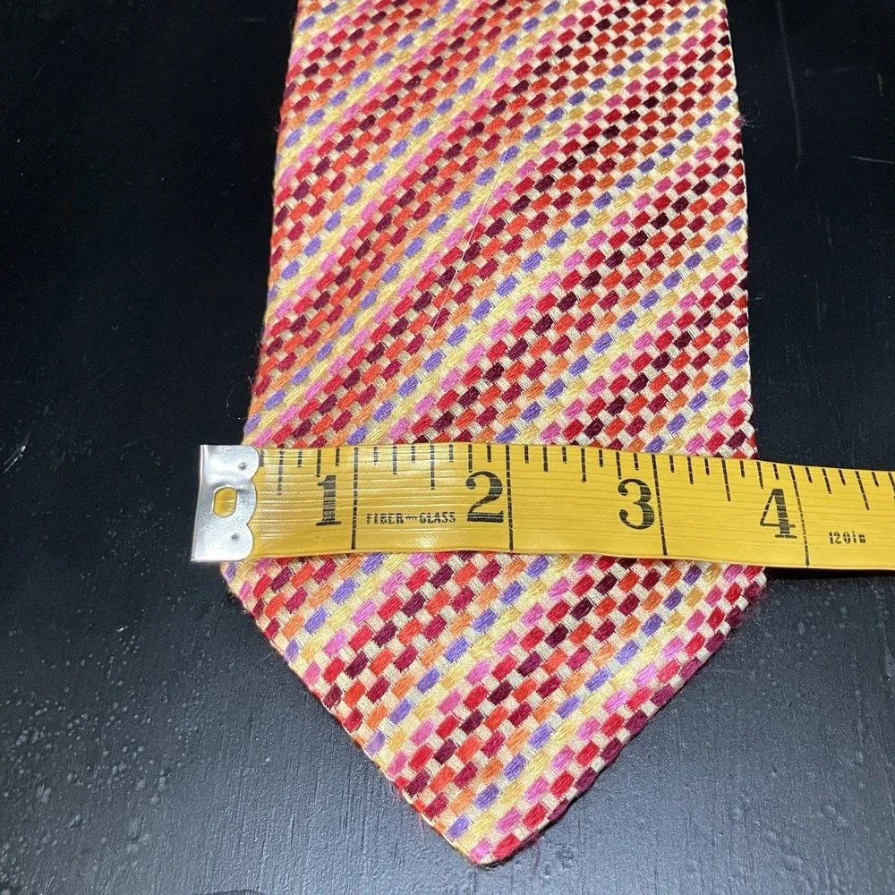 Marino Cabri 100% Silk Woven Basket Weave Neck Tie Red Orange Pink Purple Italy